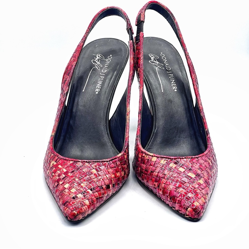 Donald J. Pliner Cain Red Beige woven Leather Sling Back Heeled Shoes 7.5M - Picture 2 of 9